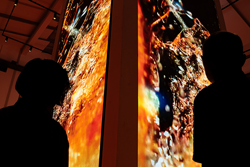 Silhouetted visitors viewing large abstract amber-toned video screens at the Home of Carlsberg exhibition.